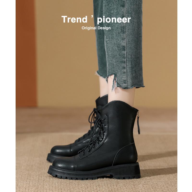 Middle heel autumn and winter new Martin boots women's thick-soled lace-up leather short boots women's beige temperament boots women