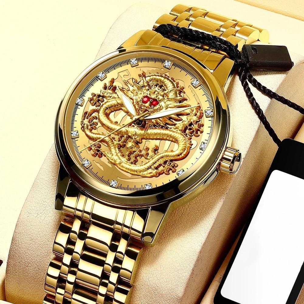FNGEEN Men's Watch Light Luxury Relief Golden Dragon Watch Waterproof Diamond Inlaid Ruby Mens Quartz Watch