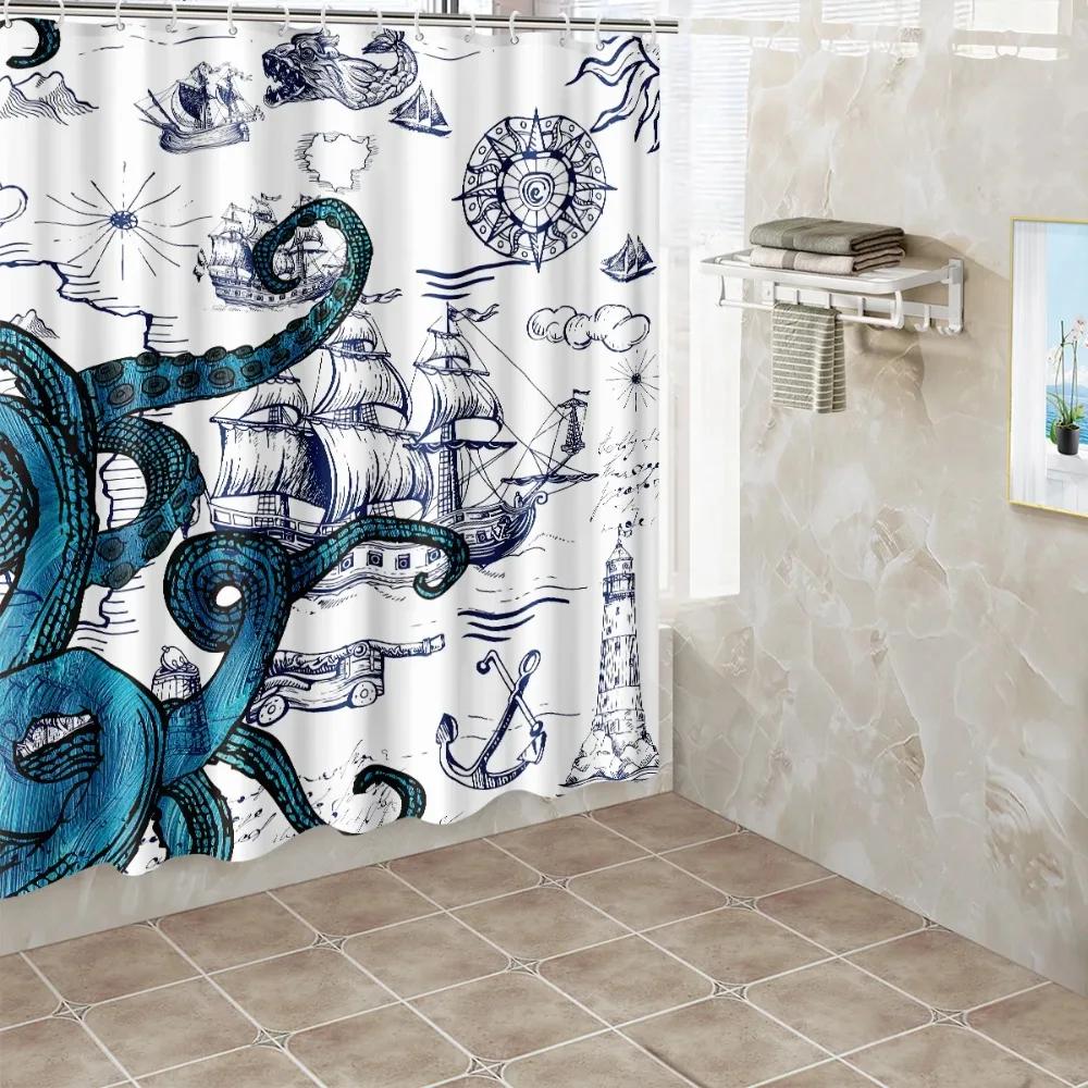 1Pc Octopus Sailboat Shower Curtain Bathroom Partition Decorative Curtain Machine Washable Octopus Print Window Privacy Curtain