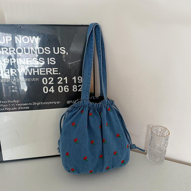 Denim bag bag girl cute cherry crossbody bag Korean version floral casual shoulder bag vintage denim tote bag