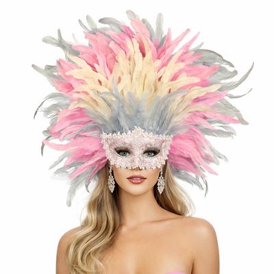 Modisches Federn-Karnevalskopfschmuck mit steifer Spitzenmaske für Mardi-Gras-Parade, Vegas-Show-Kostüm und Event-Dekoration zum Tragen
