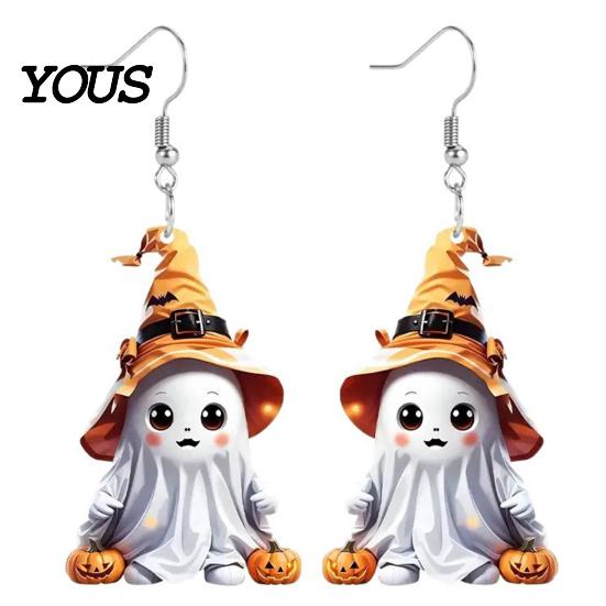 Secure Fit Halloween Earrings 1 Pair Cute Ghost Earrings, Acrylic Dangle with Witch Hat Pumpkin Bat, Anti-Rust Metal Hooks, Playful Accessories
