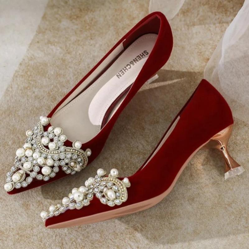 Plus Size Stiletto Wedding Shoes New French Pointed Toe Shallow Mouth Pearl Non-Slip Sneakers