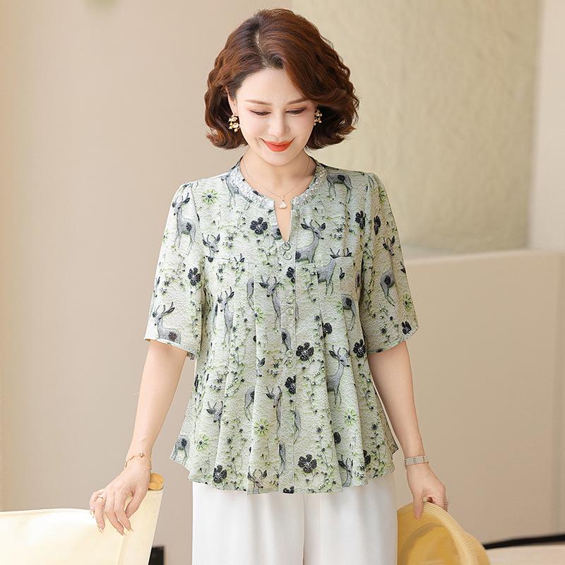 

Chiffon Short-Sleeve T-Shirt for Middle-Aged Women - Summer Style Tummy-Covering Top XXXL for 120-130 jin зелёный