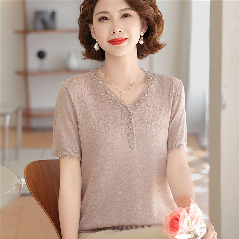 Mom's Summer Ice Silk V-Neck Short-Sleeve T-Shirt for Middle-Aged & Elderly Women - Loose Plus Size Top Set