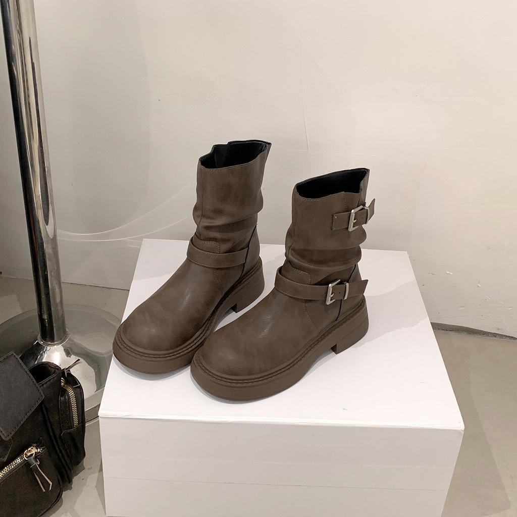 Autumn and winter new height increase cm~ two kinds of tube height retro round head thick heel buckle belt medium tube boots knight boots short tube