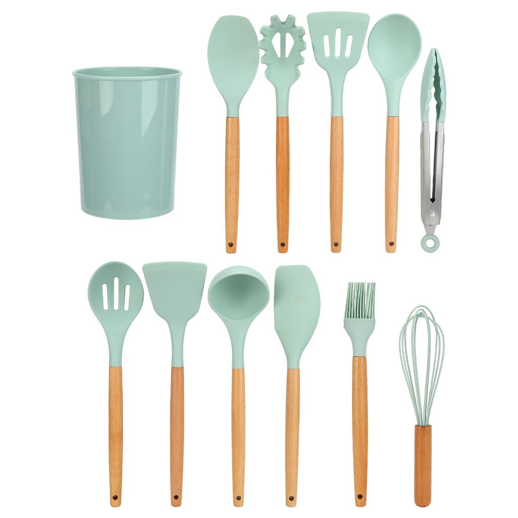 12Pcs/Set Cooking Utensil with Wooden Handle Silicone Cooking Tool for Home KitchenLight Green