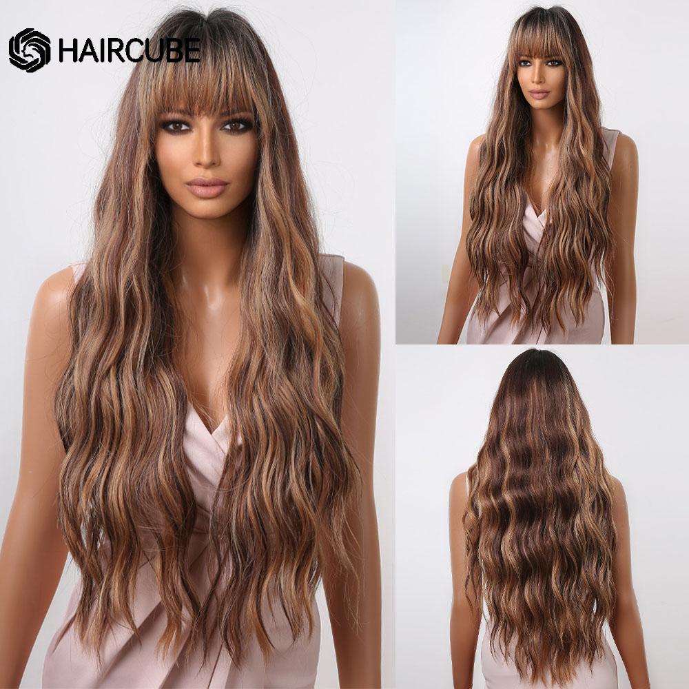 

HAIRCUBE Длинный волнистый натуральный синтетический парик Коричневые натуральные волосы с челкой для чернокожих женщин Жаростойкий повседневный парик для косплея