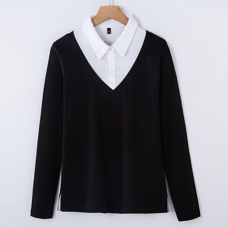 Dámské jarní a podzimní tričko ve velkých velikostech, trendy nové falešné dvoudílné s dlouhým rukávem, černé a bílé podšité, korejský styl, top, spodní tričko