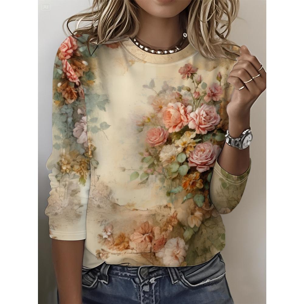 Graphic Print T-shirt, Casual and Fashionable Versatile Long-sleeve Crewneck Casual Top, for Spring and Autumn, Women's Apparel-085 Positioning