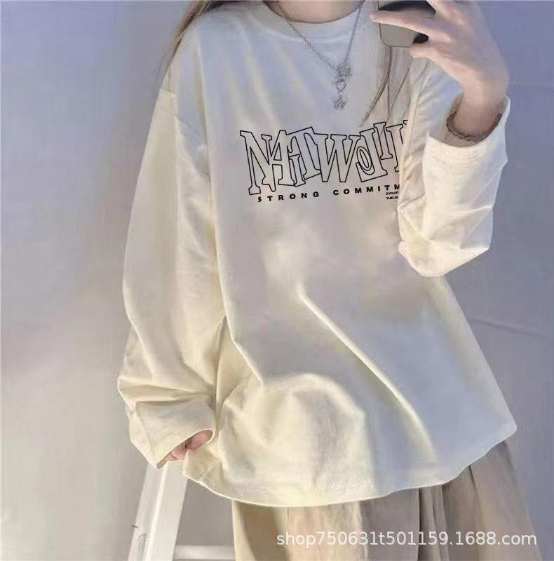 Women's Crew Neck Long Sleeve T-Shirt Loose Milk Silk Printed Top Casual Street Style Autumn Winter Basic Layering Tee