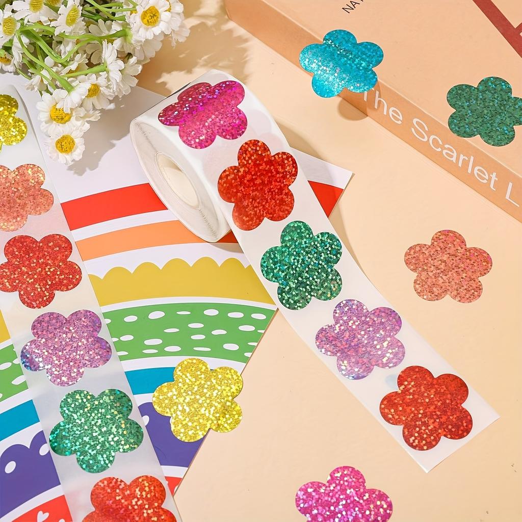 500pcs Colorful Laser Flower Stickers - Decorative Sealing Labels for Birthday,Wedding,and Party Favors-Vibrant Paper Craft Tags