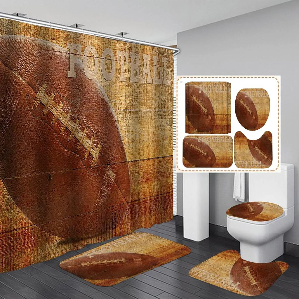 Sport Game Fabric Shower Curtain Set Cool Basketball Soccer Volleyball Rugby Baseball Graffiti Sports Theme Bathroom Set Decor