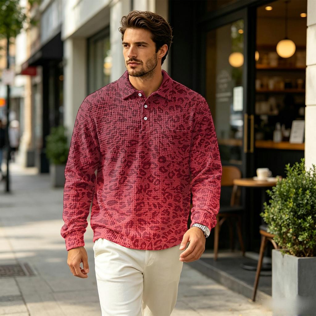 Herren Strickpullover Langarm mit Kragen und Tasche, Leopardenmuster Herbst Outdoor Freizeit Oberteil