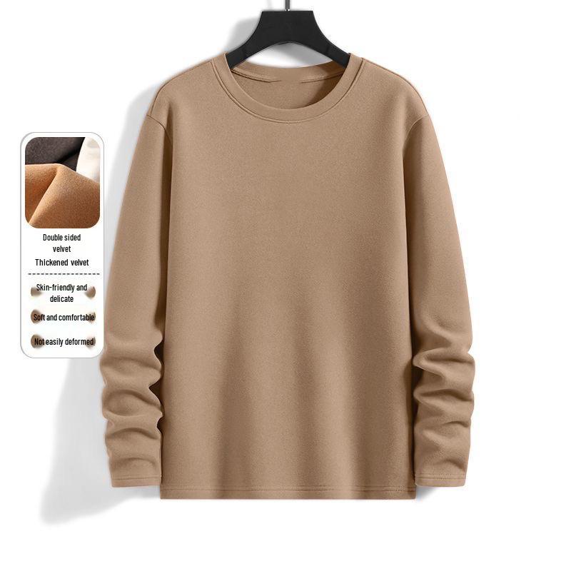 Men's Fleece-lined Double-sided German Velvet Warm Round Neck Long Sleeve Base Layer - Versatile Solid Color Innerwear for Autumn/Winter 2026.