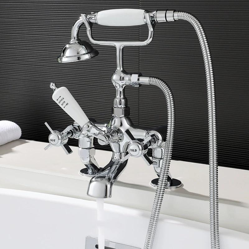 

Bathroom Bathtub Faucet Set Floor Decked Gold Brass Classical American Style Cross Handle Shower Faucet Set