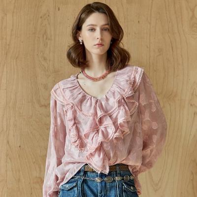 Blusa de Chiffon Jacquard com Gola V de Renda e Babados Ze05qb002nh