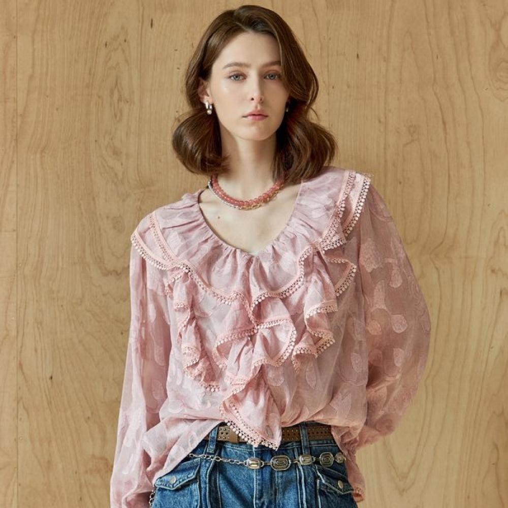 

Maxza Ruffle Lace V Neck Jacquard Chiffon Blouse Ze05qb002nh Blue/FREE