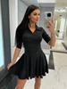 Women Long Sleeve Polo Collar Mini Dress Elegant Bodycon Fit Flared Skater Dress