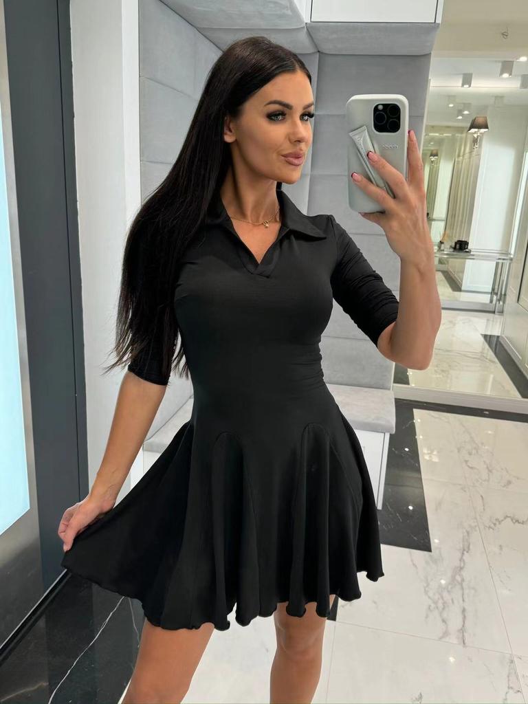 Women Long Sleeve Polo Collar Mini Dress Elegant Bodycon Fit Flared Skater Dress