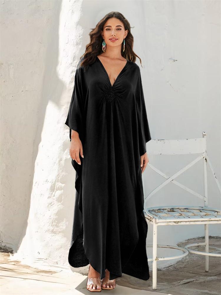 EDOLYNSA Plus Size Kaftan Black Solid Bohemian Printed Summer Long Beach Dress Women Homewear Outfit Swim Suit Cover Up Loose Caftan