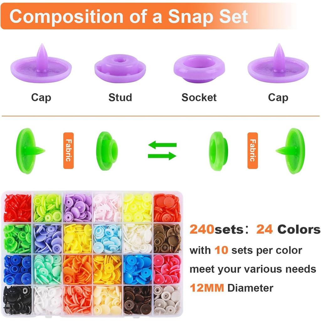 Kit Bottoni a Pressione con Pinza per Bottoni a Pressione, 240 Set di Bottoni a Pressione in Plastica per Tessuto, Bottoni a Pressione T5 e Set Pinza per Bottoni a Pressione Kit di Attrezzi di Fissaggio Starter per Cucire Abbigliamento