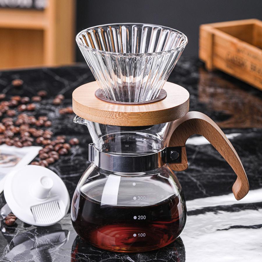 Hand Drip Glass Coffee Maker Pot 300ML Wooden Handle Coffee Pot Glass Coffee Maker High Borosilicate Glass Coffee Pot