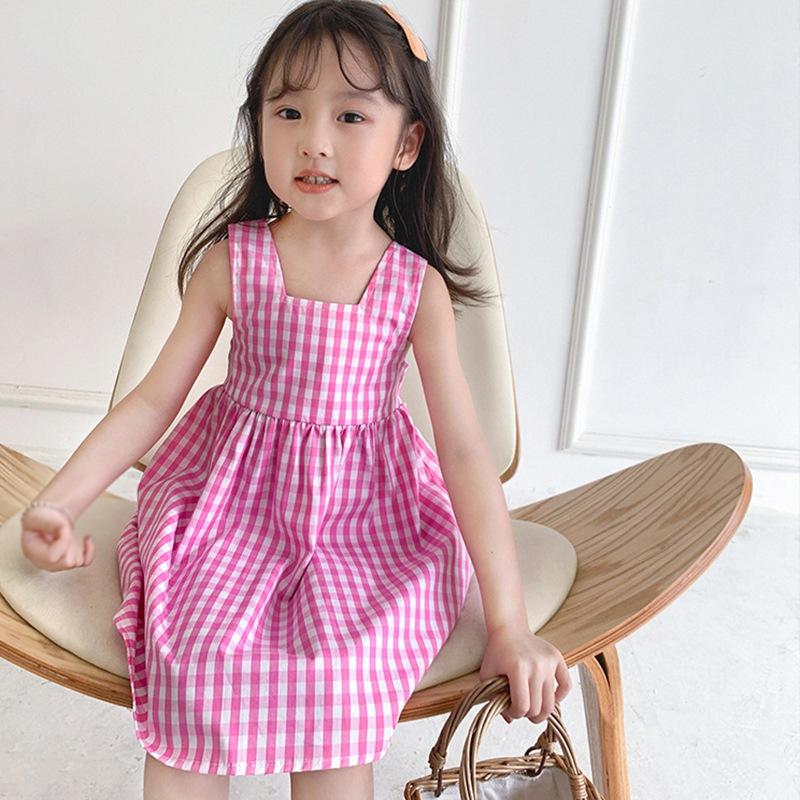 Toddler Girls Suspender Dress Summer A Line Dress Pleated Beach Dress Plaid Princess Dress Sleeveless Sundress Square Neck Overall Dress 3-8T