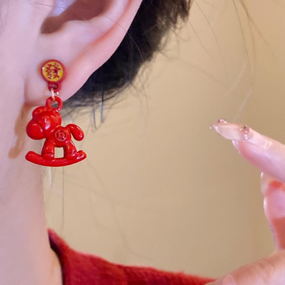 Zinc Zinc Alloy Chinese Style Pony Earrings Fashion Jewelry Red Drop Earrings  Wedding Accessories