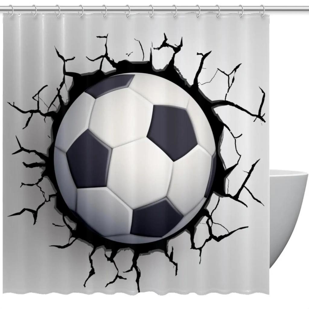 Abstract Football Pattern Shower Curtain Sport Theme Soccer Black and White Colors Waterproof Polyester Bath Curtain with Hooks