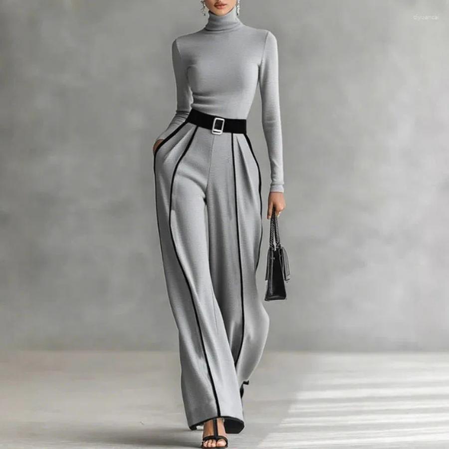 Autumn New Style Elegant Stand Collar Color Block Trim Waist Slim Fit Long Sleeve Knit + Wide Leg Pants Two Piece Set