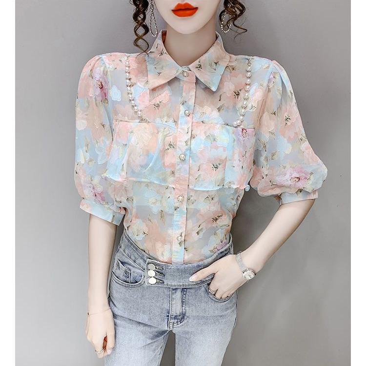 New Summer Pearl Ruffle Edge Floral Chiffon Blouse Sweet Turn Down Collar Floral Short Sleeved Bottoming Shirt