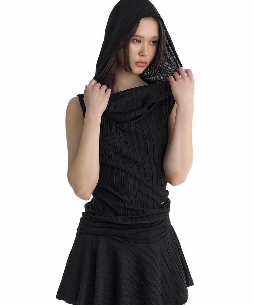 Teulimingbeodeu Crinkle Draped Hooded Sleeveless Dress [ Black ]