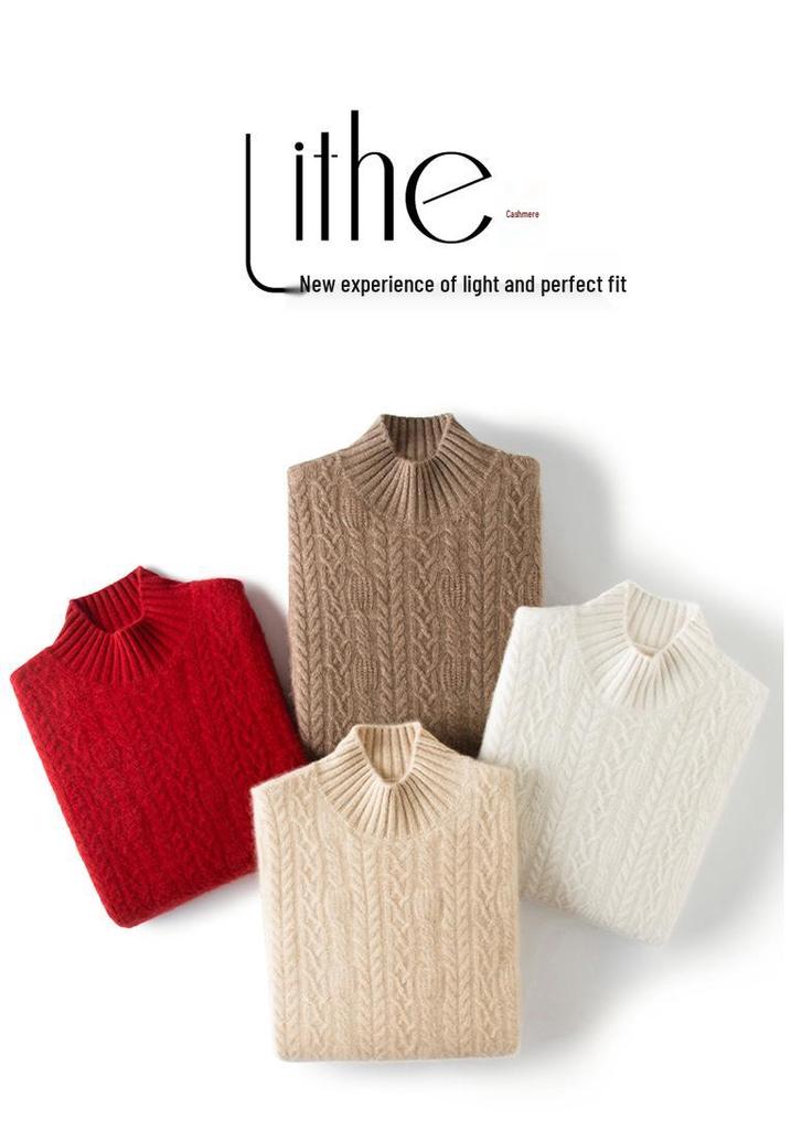 Women's Thick Cable Knit Cashmere Sweater - Half-High Neck, Long Sleeve, Solid Color Loose Fit for Fall and Winter Layering.