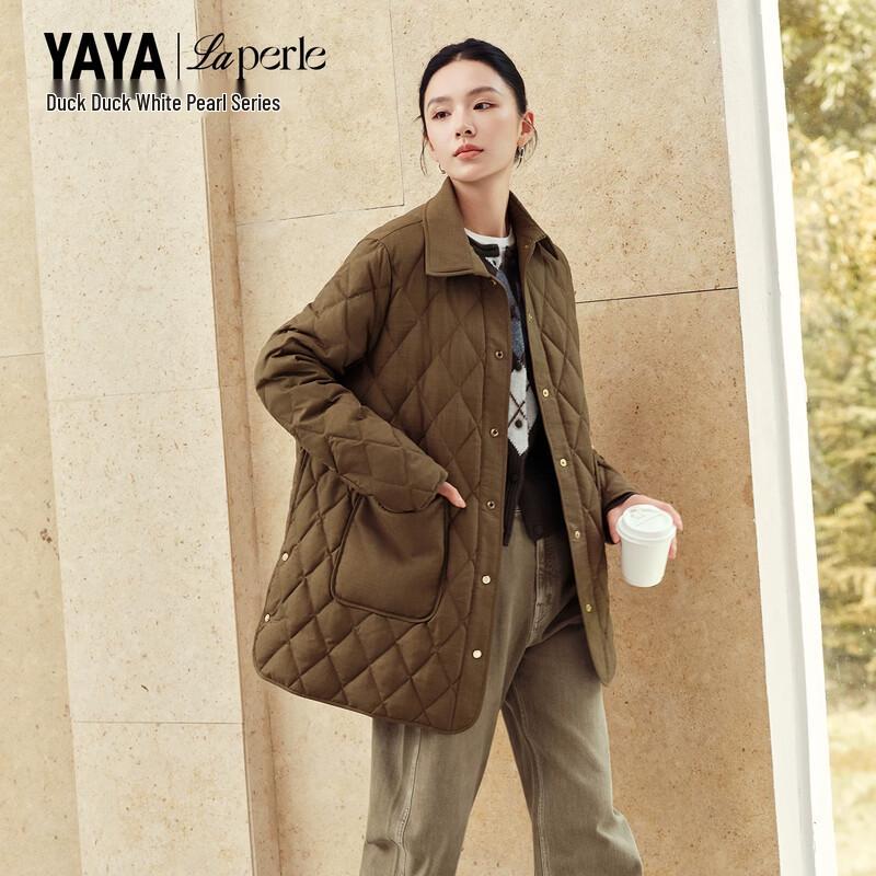 YAYA White Pearl Series Women's Diamond Quilted Goose Down Mid-Length Coat