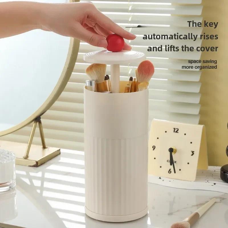 Hot Makeup Brush Storage Container with Dust-proof Belt Cover, Automatic Lifting Brush Bucket, Desktop Beauty Brush Storage Box