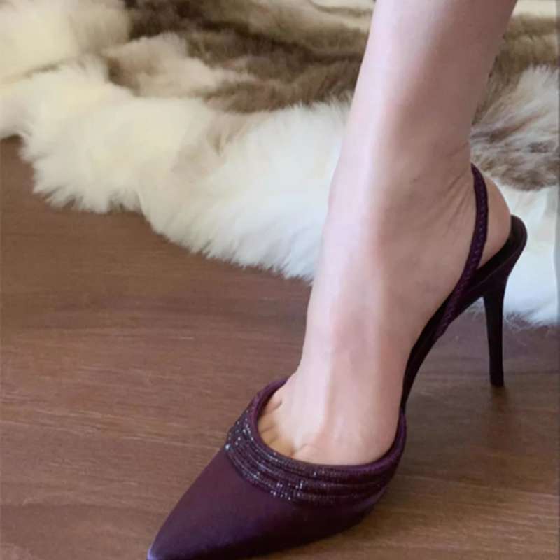 2025 Autumn New Pointed Purple Thin Heel High Heel Light Mouth Rhinestone One Word with Satin Sandals Half Drag Sandals Women