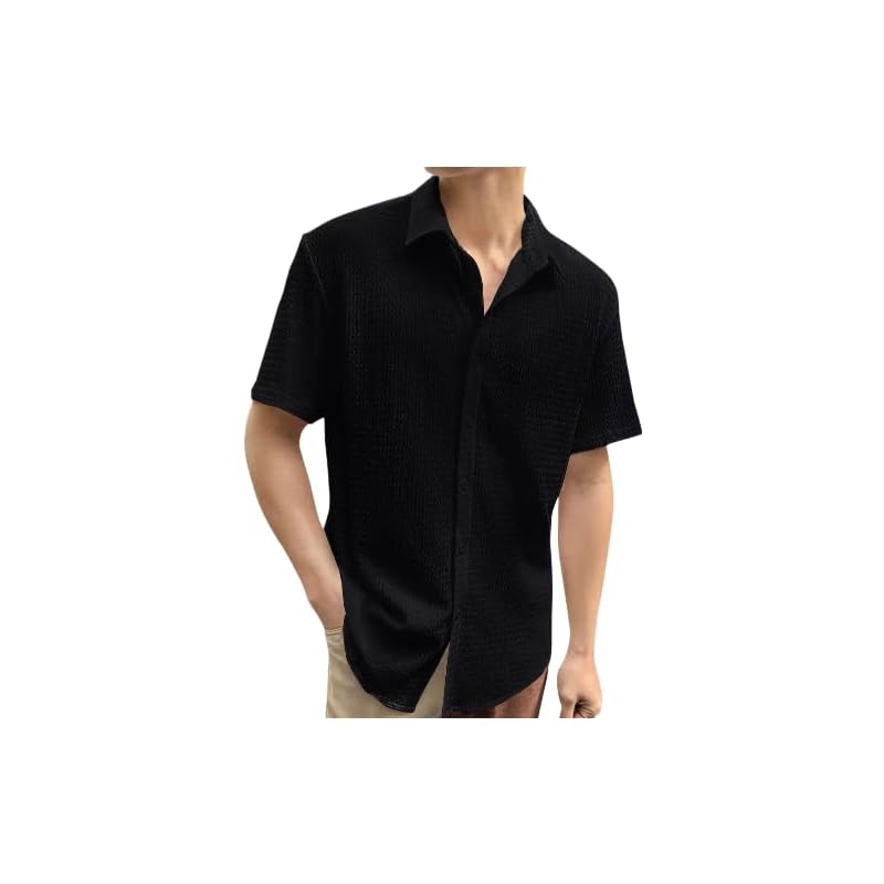 Tee Projekt Mens Popcorn Shirt Texture Pattern Mens Casual Shirt Half Sleeves Goa Beach Summer Shirt Black
