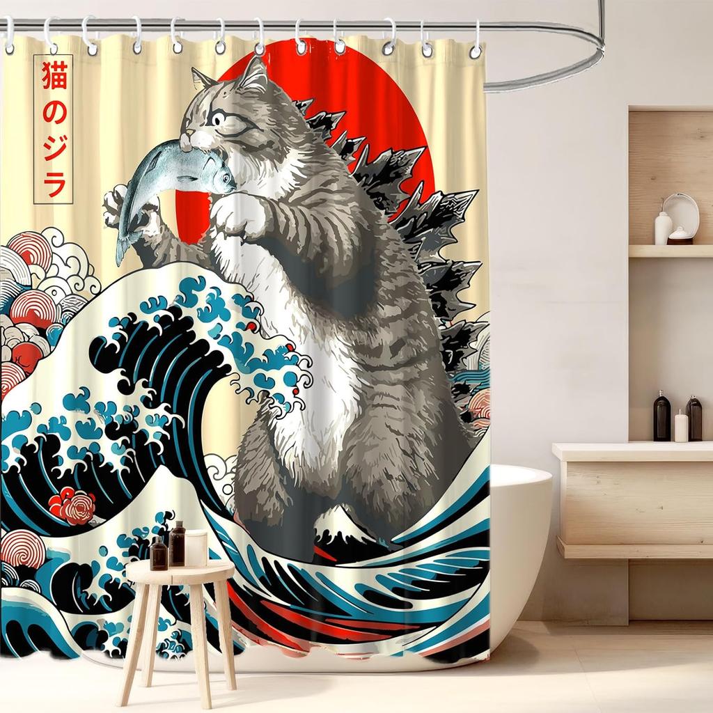 Funny Cat Shower Curtain,Cute Cat Teal Blue Sea OceanShower Curtain Set,Underwater Animal Fabric Shower Curtains for Bathroom