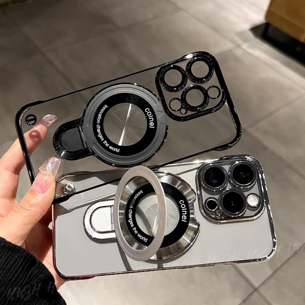 Magnetic suction bracket is suitable for Apple 16ProMax electroplating borderless ultra-thin transparent 15PROMAX mobile phone case hard case