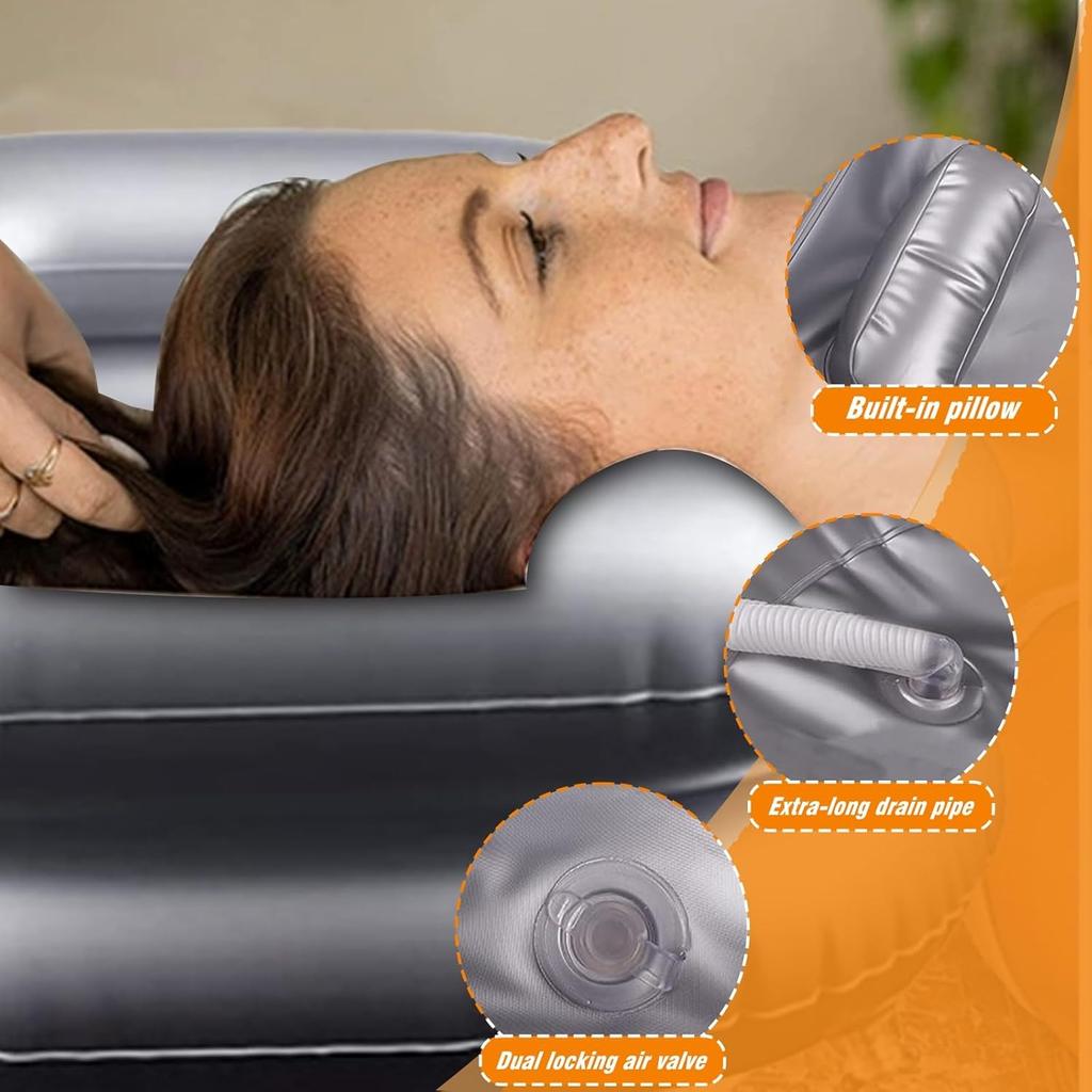 Disabled Hair Washing Aids with Drainage Tube & Built-In Pillow, Foldable Inflatable Hair Wash Basin, Portable Home Shampoo Sink, Bedside Washing
