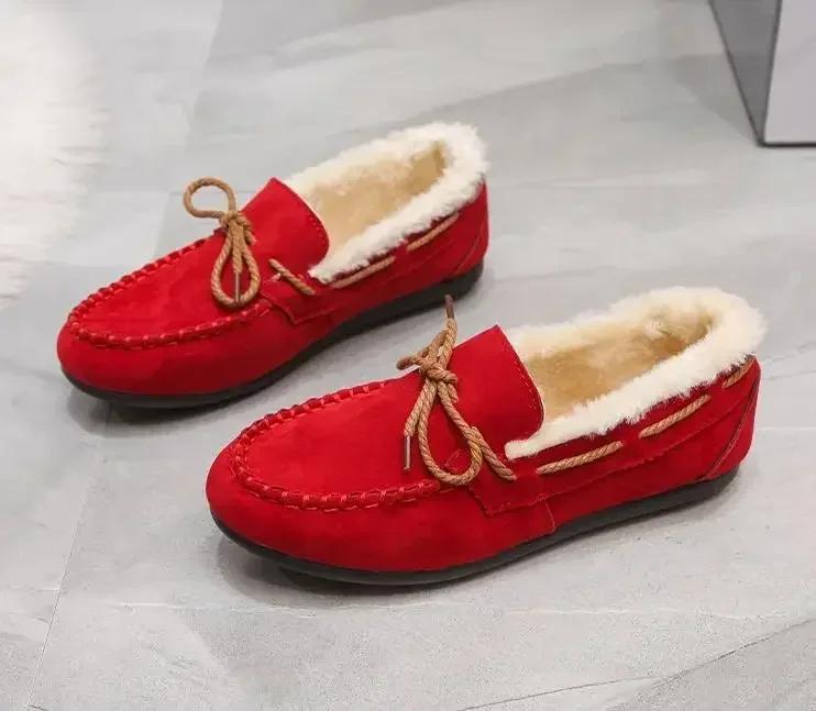 2026 Winter Damen Neue Bohnenschuhe Modisch, Bequem, Warm, Plüschschleife Damen Baumwollschuhe Lässig Rutschfest Flache Schuhe