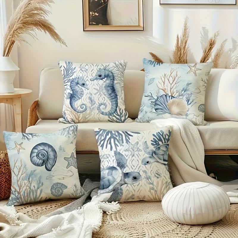 4pcs Starfish and Shell Pillow Covers Suitable, Bedroom, Living Room - French Country Nautical Cushion Cases with Zipper Closure, Double-Sided Beach D