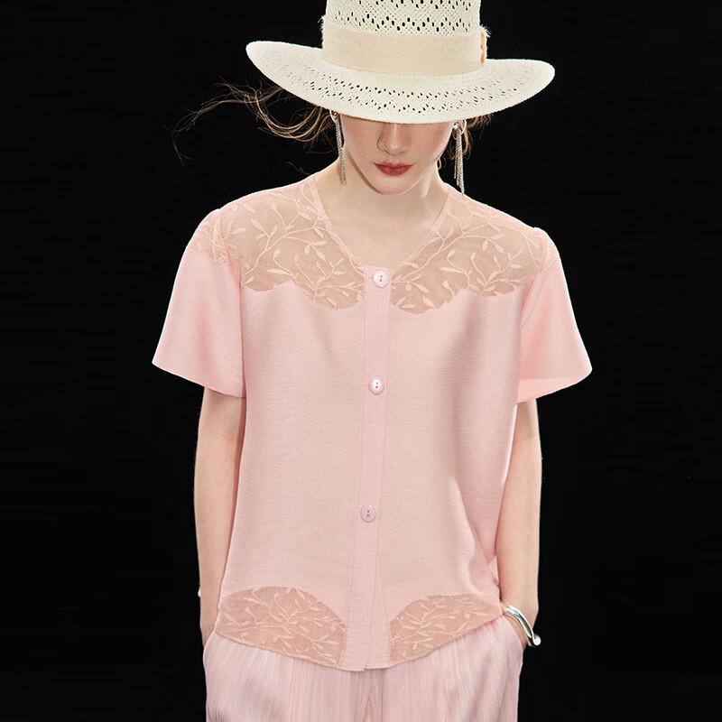 Wudao Women s Hollow-Out Lace Pleated Summer Cardigan T-Shirt One Size