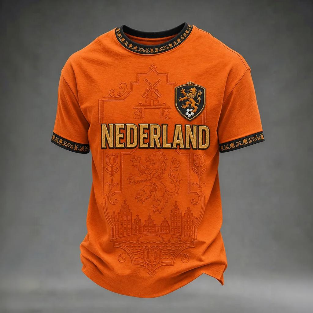 Men's Casual Printed Short Sleeve T-Shirt with Netherlands Letter Graphic, Lightweight Breathable Round Neck