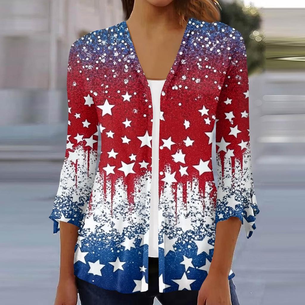 Women's Loose Casual Independence Day Printed Seven Sleeve Button Down Shirt Cardigan Top