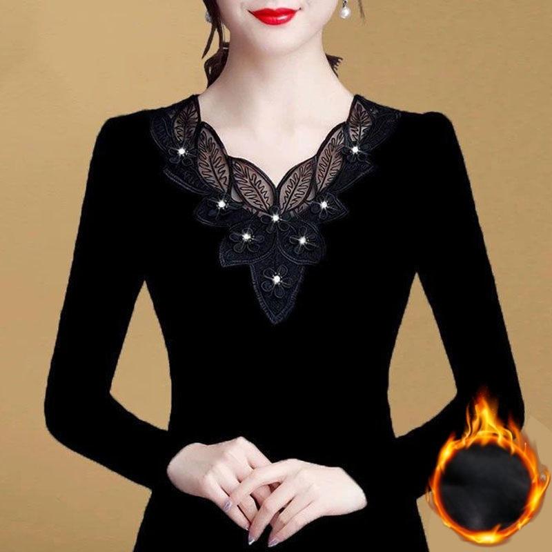 Plysch Sammet Varm Svart Underdel Höst och Vinter Mångsidig Stor Storlek Fet Mm T-shirt Damtopp Mesh