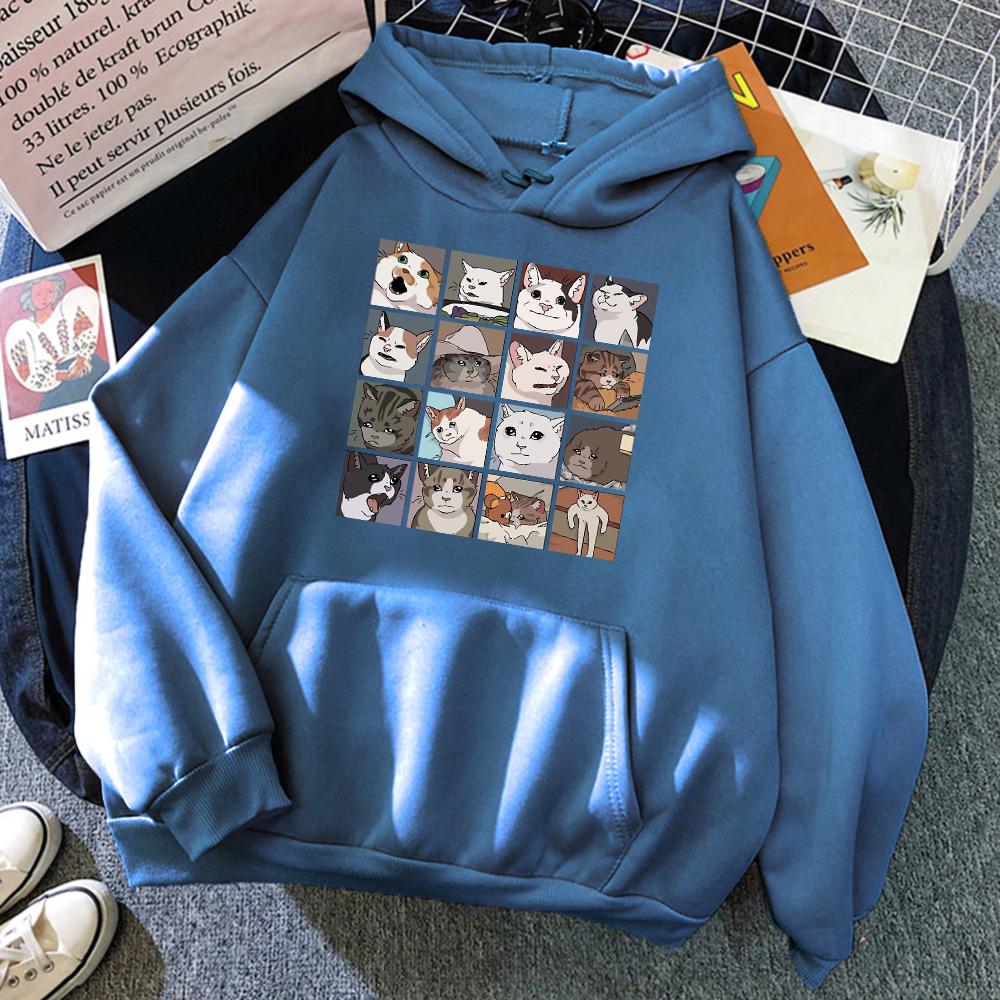 Vtipné Mačacie Memy Kreslené Potlače Dámske Mikiny s Kapucňou Hip Hop Okrúhly Výstrih Mikiny Nadrozmerné Fleecové Pulóvre Módne Ležérne Dámske Športové Oblečenie