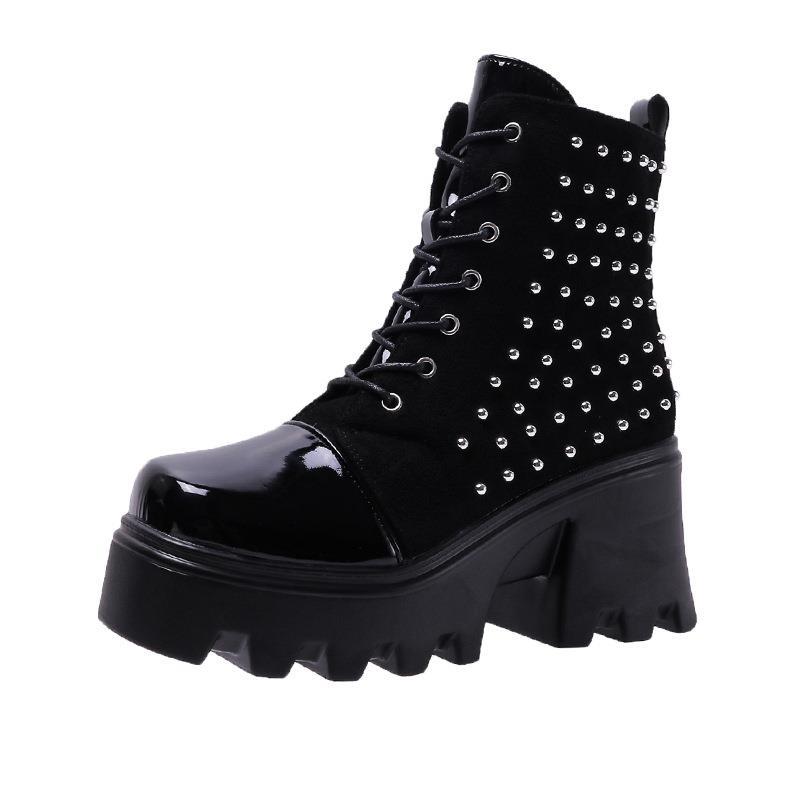 Europe, America, autumn and winter new thick heel side zipper thick bottom fashion rivet knight boots women's muffin women's Martin boots women