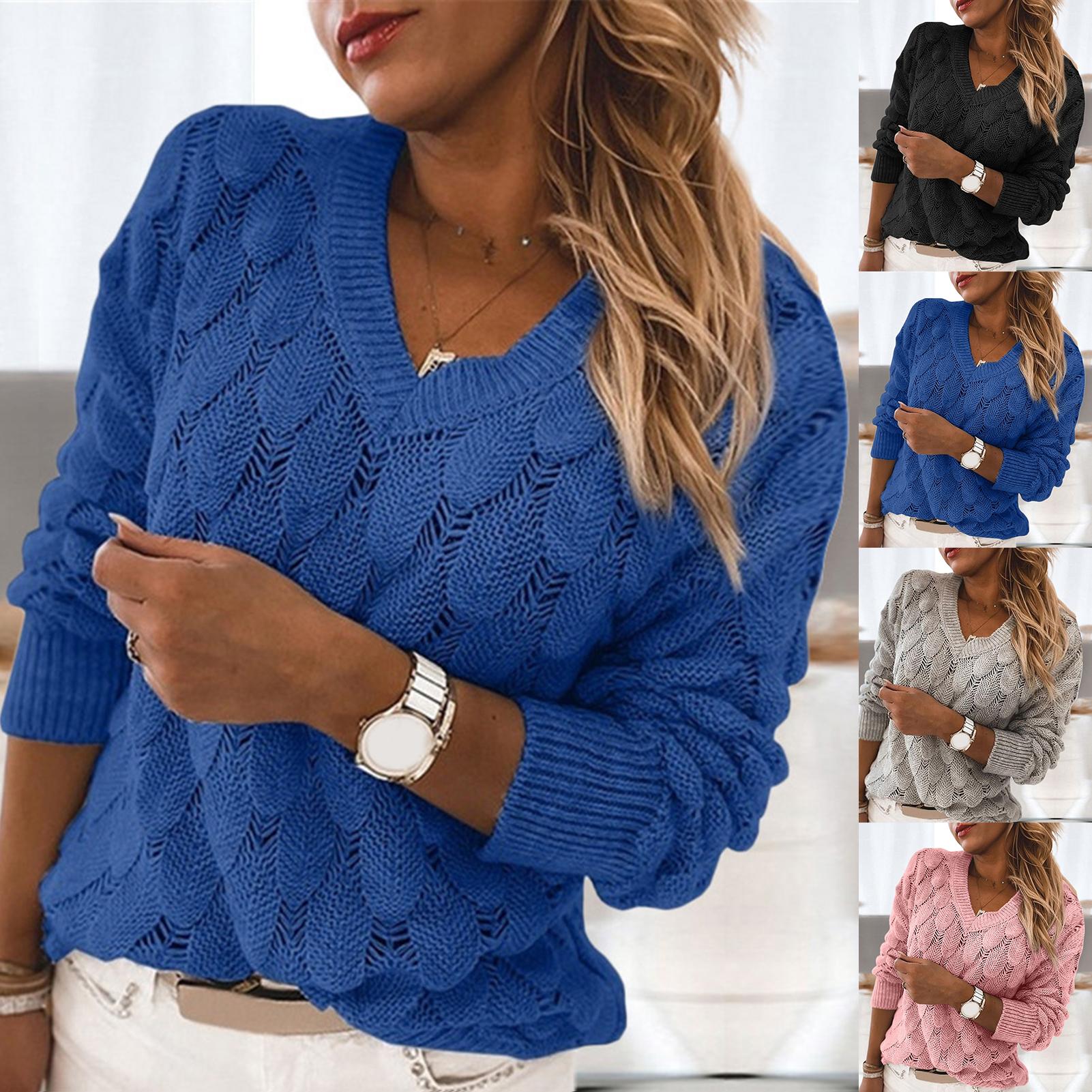 

Повседневный женский вязаный свитер большого размера осень-зима ажурный трикотаж пуловер с длинным рукавом и V-образным вырезом свитер джемпер топ S синий